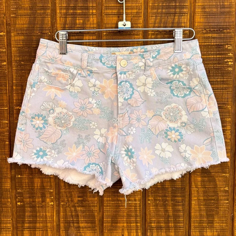 Altar’d State Light Blue & Light Pink Floral Cut Off Denim Jean Shorts
